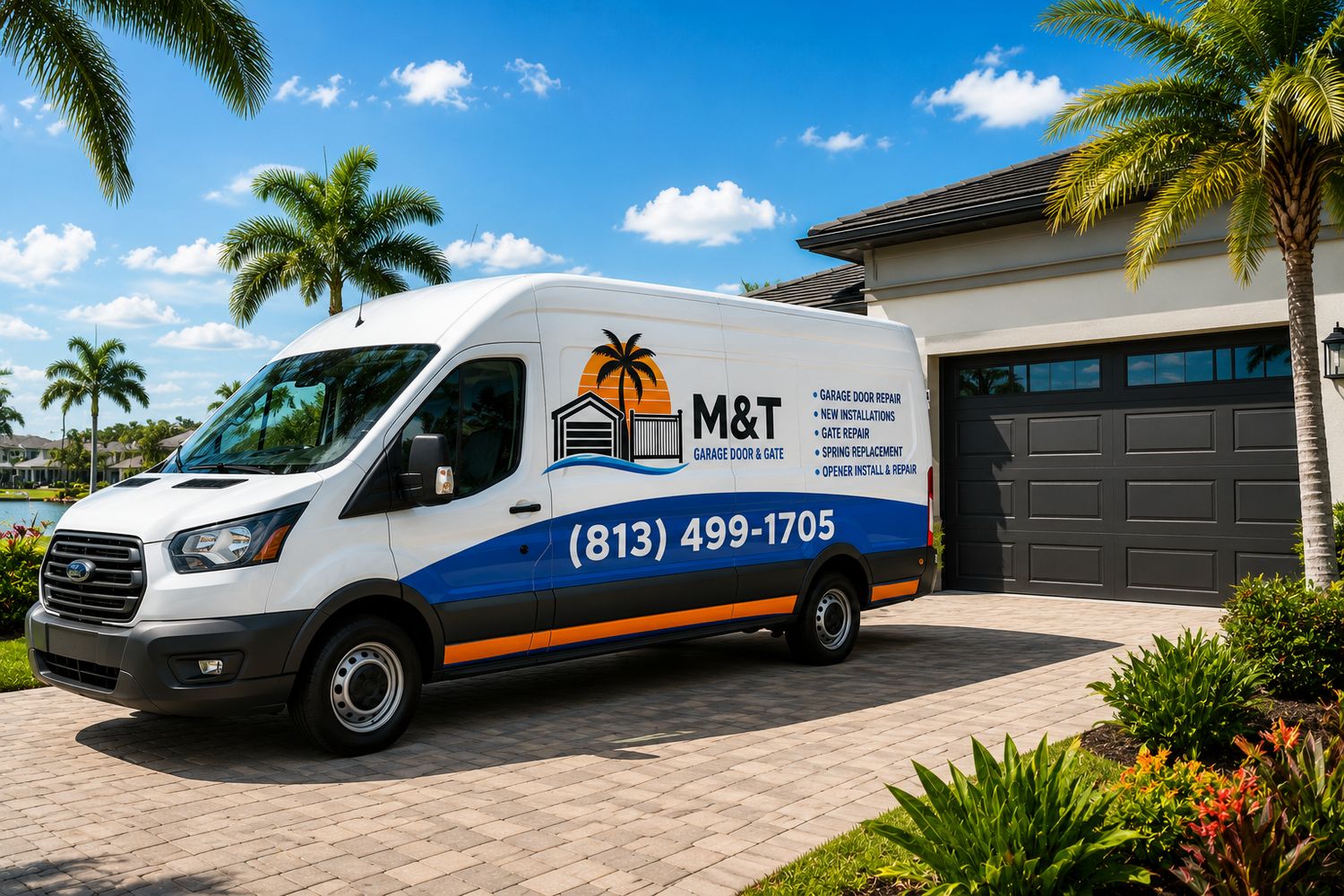 M&T Garage Door & Gate service van at a garage door repair job in Tampa, FL